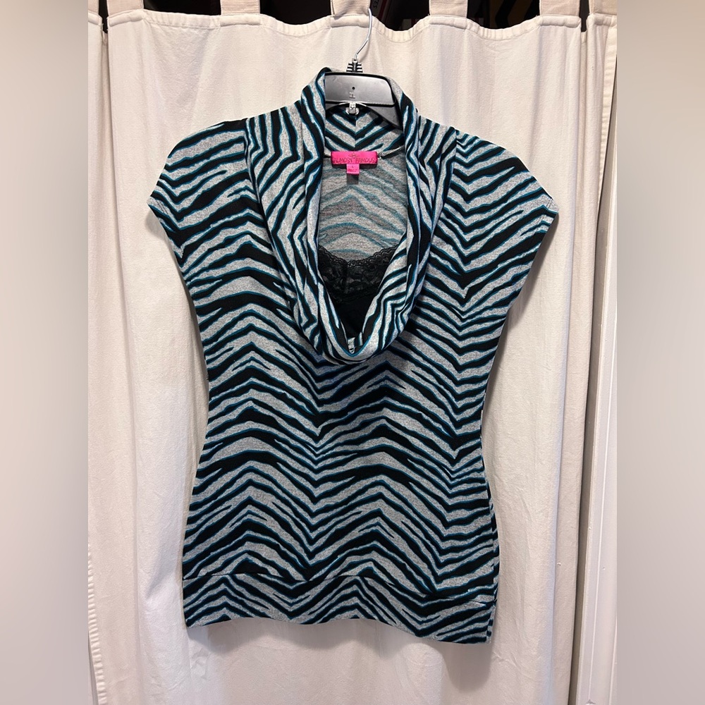 Almost famous blue and black zebra striped cowl neck top size large